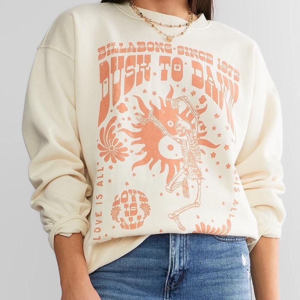 Billabong Dusk to Dawn Skeleton Sun Graphic Sweatshirt Cream Orange Small